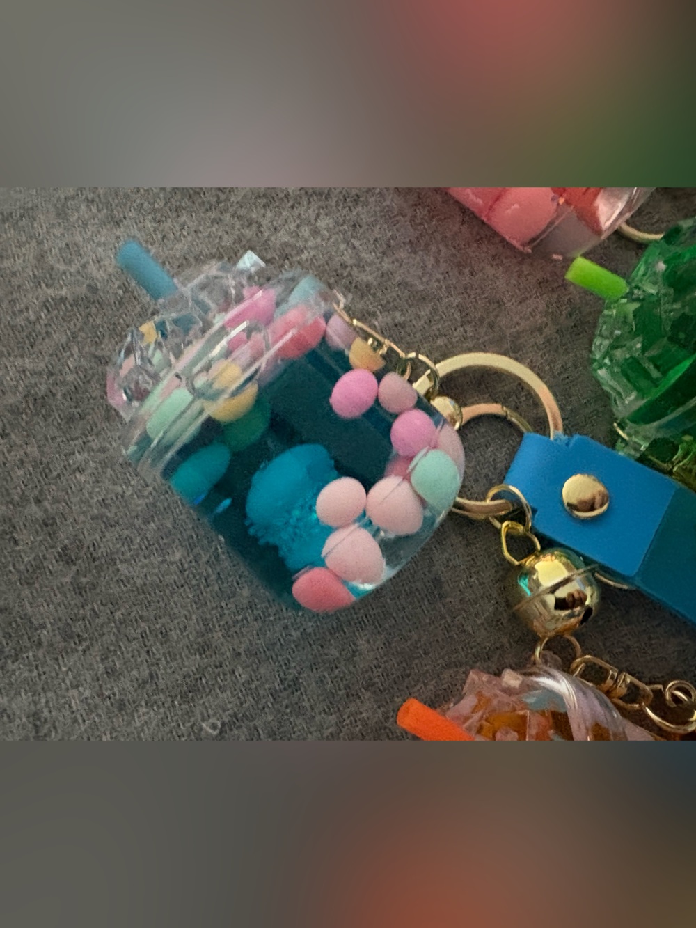 Keychain cups with liquid juice or boba tea with strap that says wish - Picture 6 of 14